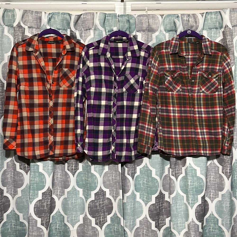 Trio of Eddie Bauer flannel shirts